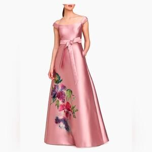 NEW Kay Unger Kitri Pink Satin Beaded Floral Evening Gown, Size 6, MSRP $398